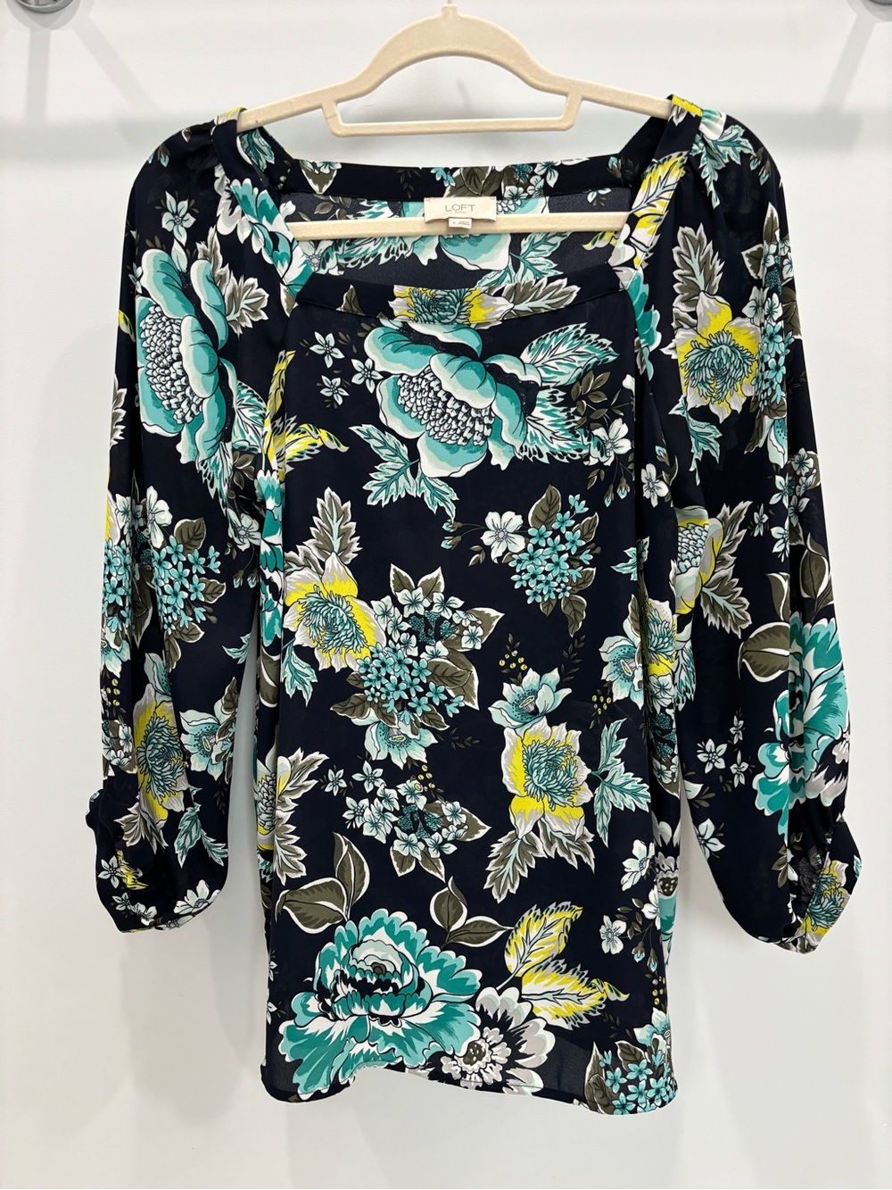 LOFT Black Floral Scoop Neck Blouse with Teal and Yellow Accents